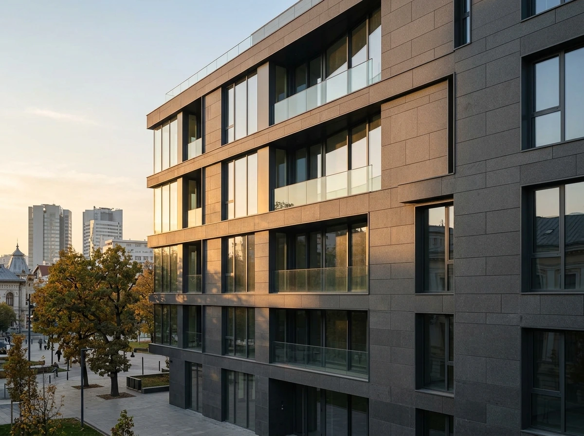 Fațadă ventilată placată cu andezit natural gri antracit, clădire modernă — Stone Line