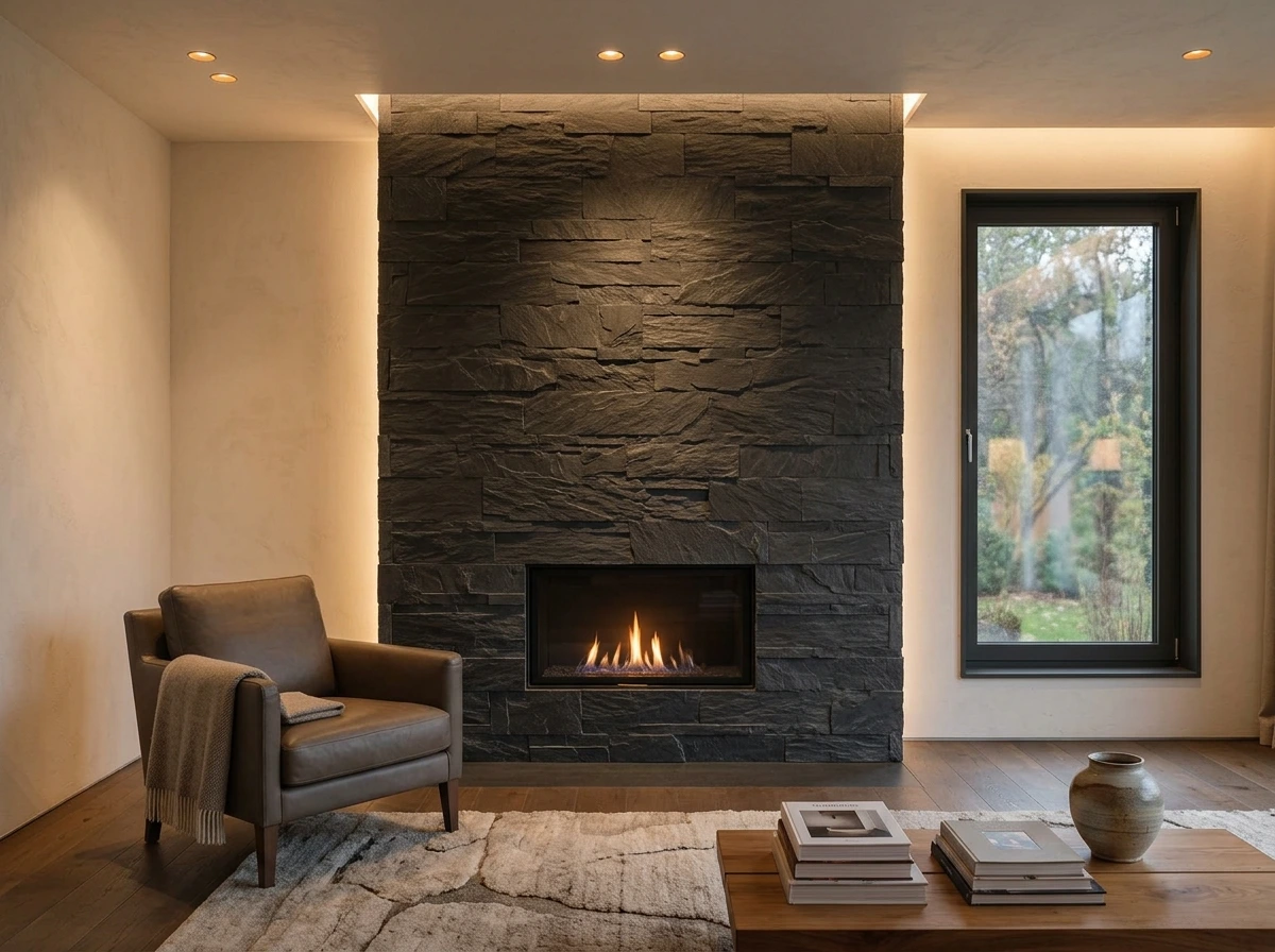 Șemineu placat cu ardezie naturală pe toată înălțimea, living modern — Stone Line