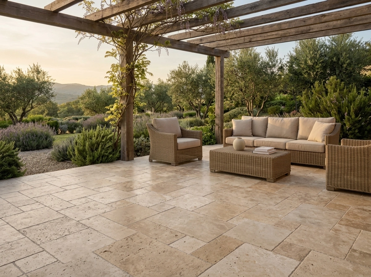 Terasă exterioară pavată cu travertin natural în model French Pattern, pergolă — Stone Line
