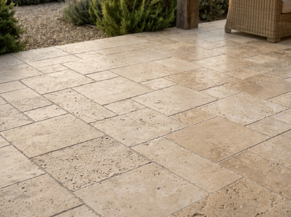 Detaliu montaj travertin French Pattern: patru dimensiuni de plăci, model nerepetitiv — Stone Line