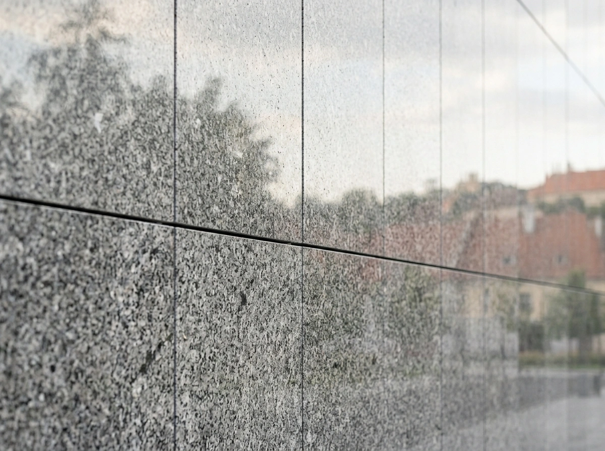 Detaliu placare granit natural: plăci format mare, rosturi controlate — Stone Line