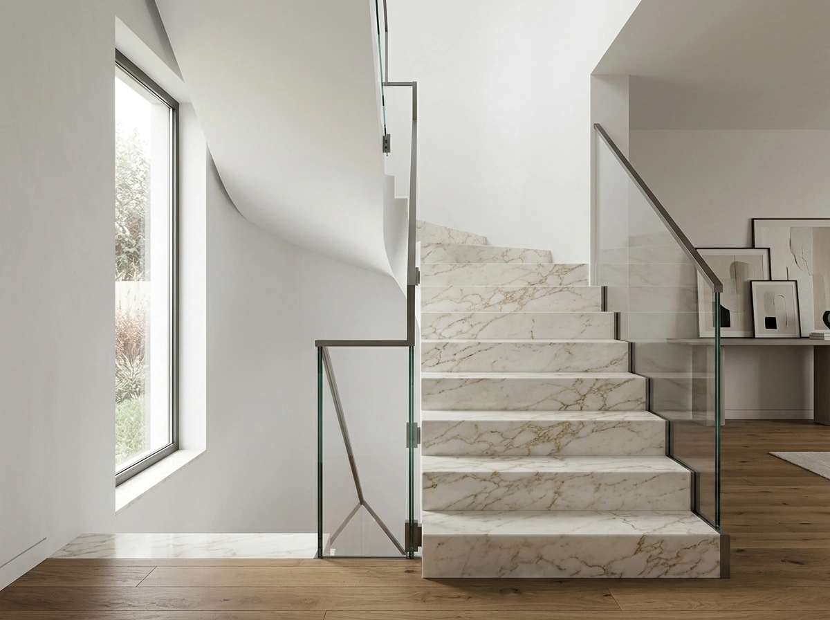 Scară interioară cu trepte din marmură naturală și balustradă de sticlă — Stone Line